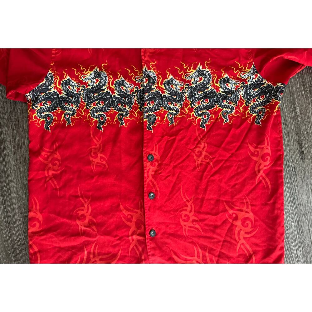 VTG C-Two Dragon Print Shirt Mens Large Red Tribal Flame Y2K Retro Gamer Goth